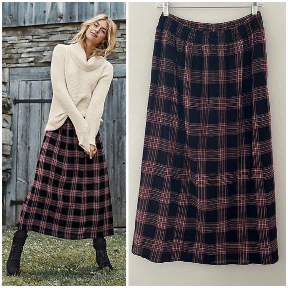 J. Jill Plaid Midi Skirt Elastic High Waisted Preppy Punk Goth Black Red Size XS - Picture 1 of 10